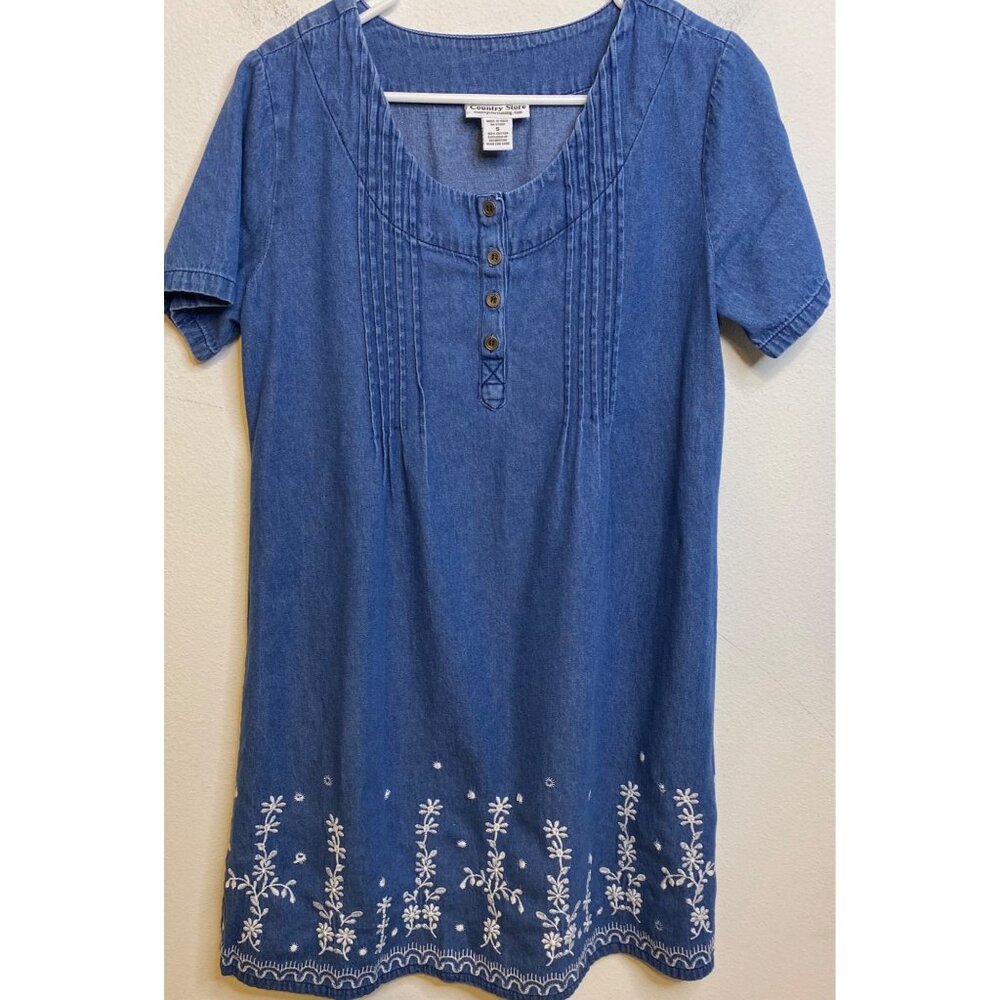 Country Store Catalog Dress Embroidered Denim Short Sleeve Women CottageCore S